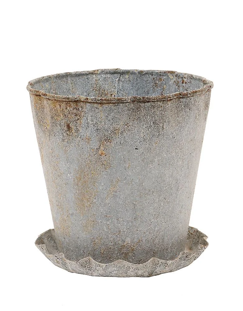 5%22 Round x 5%22H Metal Pot w: Pleated Saucer, Distressed Zinc Finish.jpg