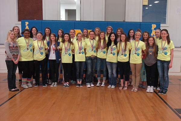Twenty-six 7 th and 8 th grade girls from Stone Middle School received medals for placing in the top six places at the district track meet. Medalists beginning front row left are Josie Zumalt, Tori Jones, Ashlyn Reavis, Chloe Chaix, Catie Hodgkiss, Colleen Dawson, Jessee Young, Emma Stewart, Desiree Fendley, Keegan Fendley, Reyna Hildreth, Carley Pickering, and Haleigh Blackshear; in back are Catlyn Exum, Cam Williams, McKenzie Mitchell, Randa Stevens, Allison Bright, Kerissa Gilliam, Lexi Brown, Sophia Johnson, Kenley Coston, Tatum Rekieta, Bryce Petkus, and Mallory Blake.