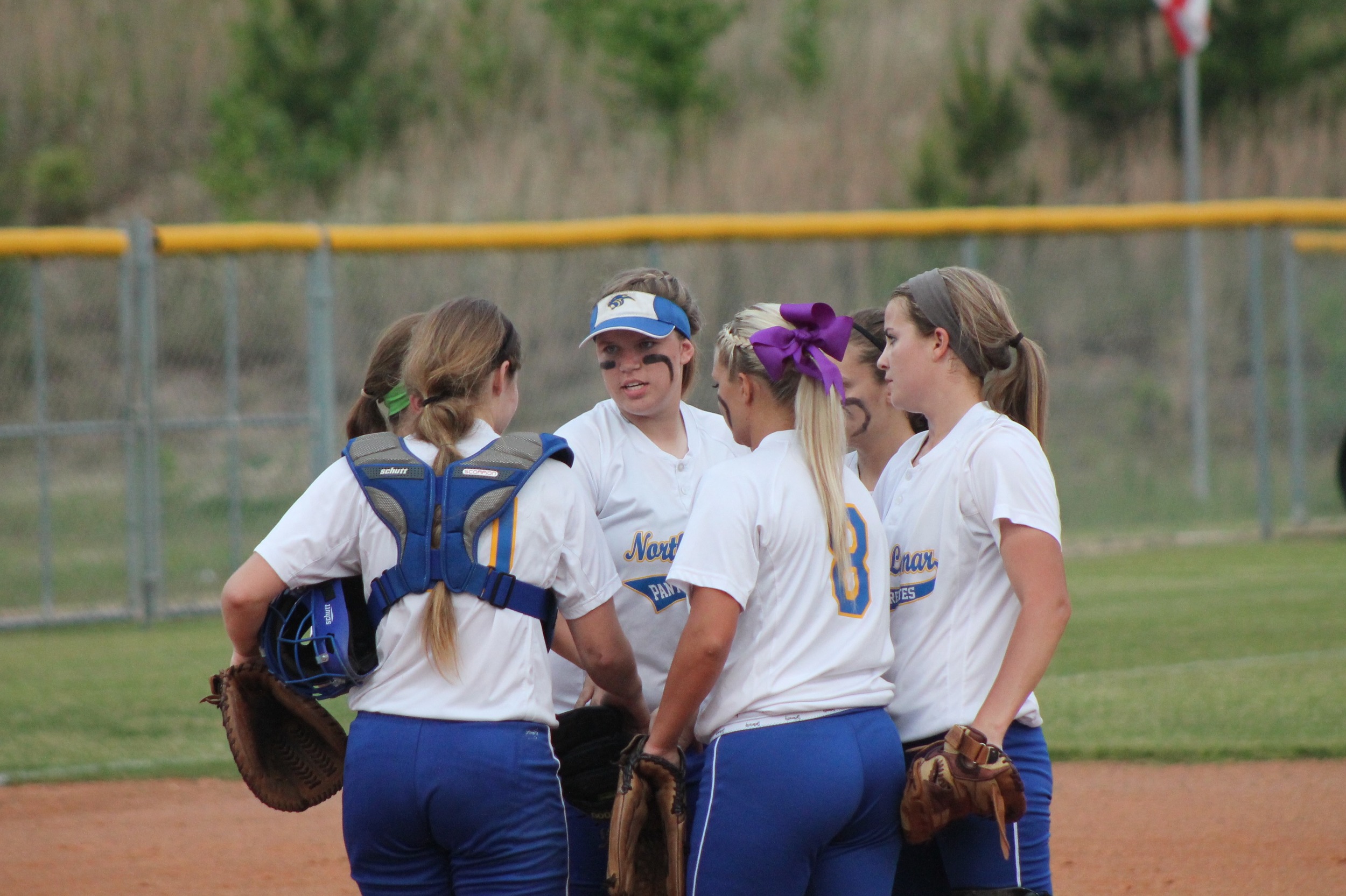 Infield meeting at the pitchers circle after Reagan struck out a batter.