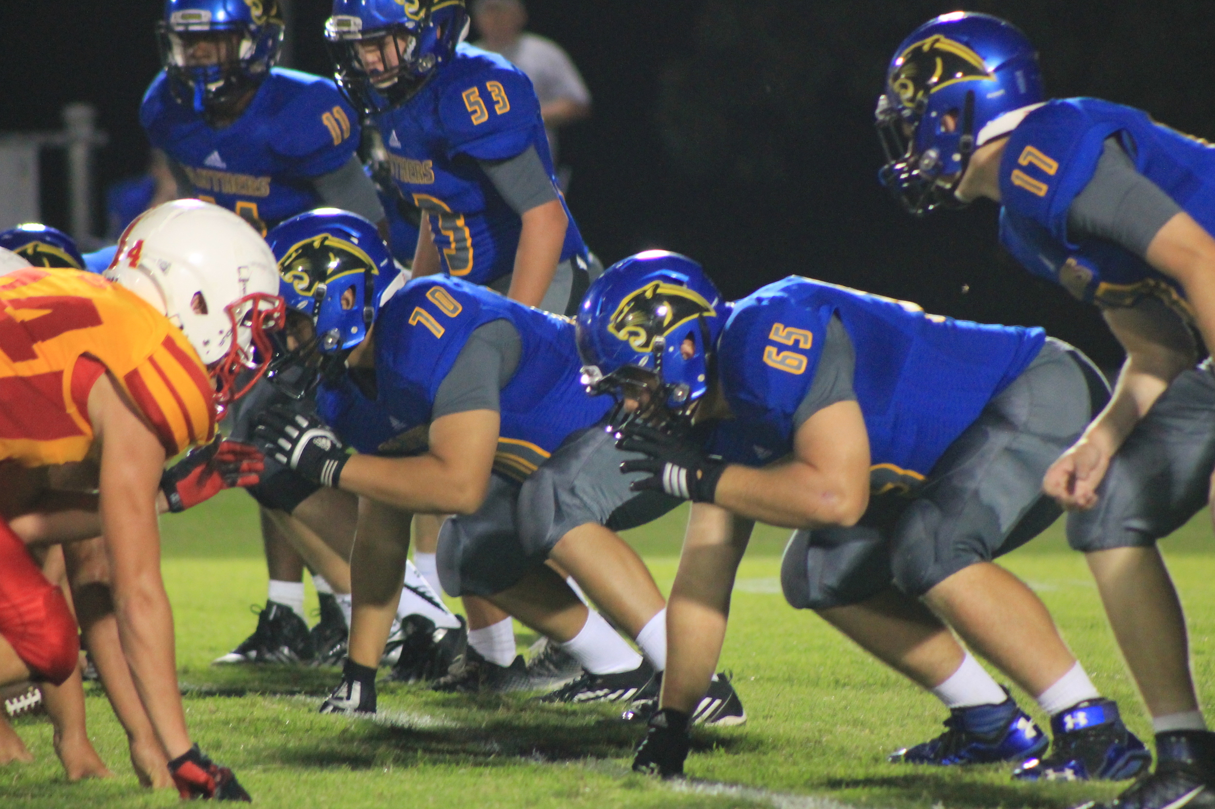 (Photo by Adam Routon) Defensive Line: Stephon Bass (11), Nick Noble (53), Samuel Flores (70), Brandon Halliday (65) and Tyler Biard (17)