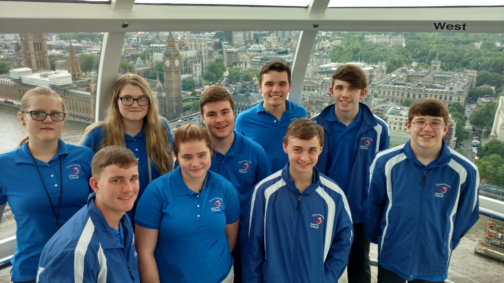 North Lamar and Paris band students gather on the London Eye overlooking Parliament while on their trip to Europe. Those who represented Lamar County beginning front row left are Levi Graham, Michalla Barr, Alex Draper and Hudson Jones. In back are Emily Foster, Emily Brownfield, Eric Shelton, Thomas Zimmerman and Seth Jones.