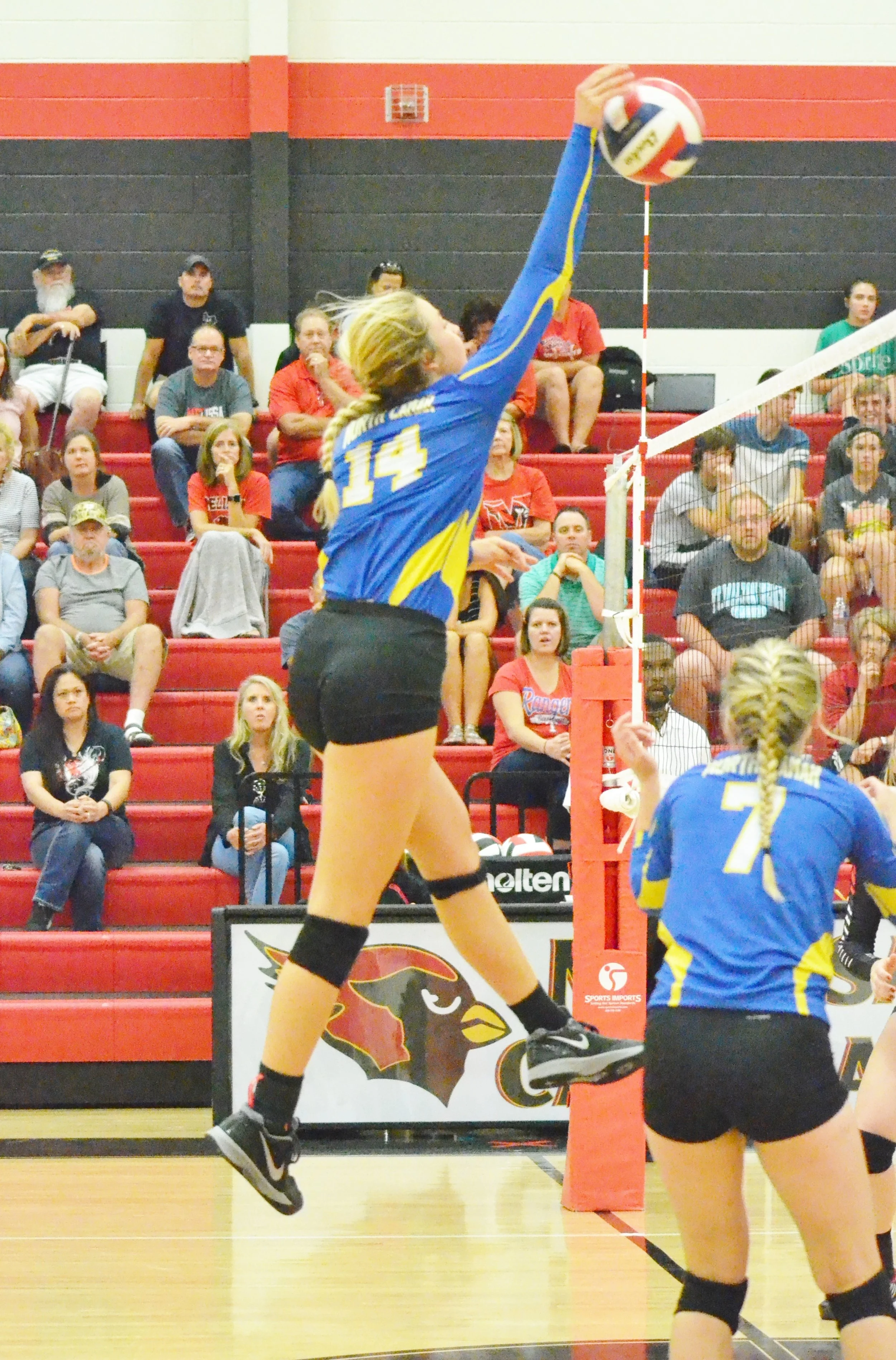 Photo by Beverly White. Bailey Foy (14) spiking the ball in a game earlier this season.