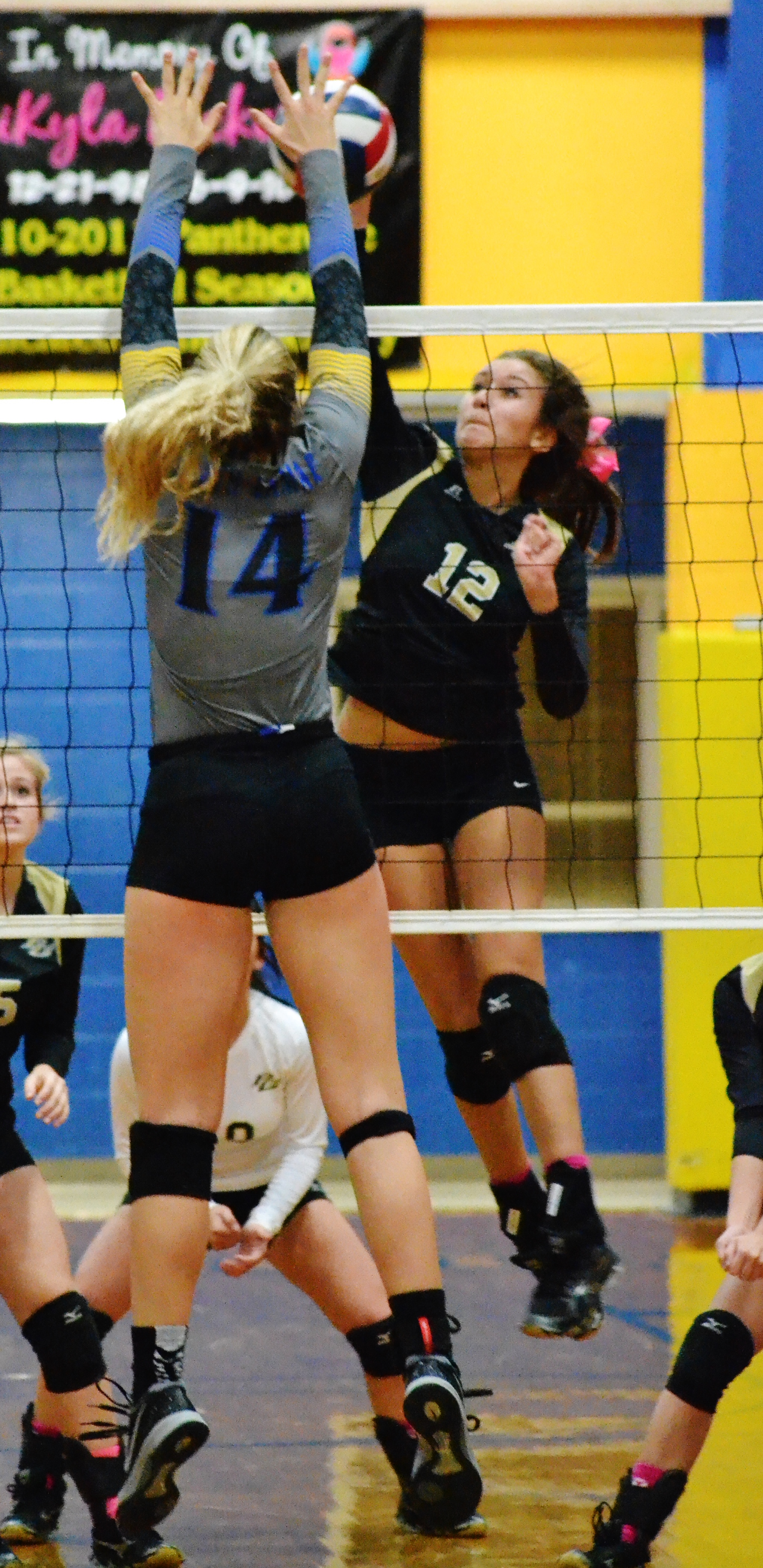 (Photo by Beverly White) Bailey Foy with a block against Pleasant Grove on Tuesday night.