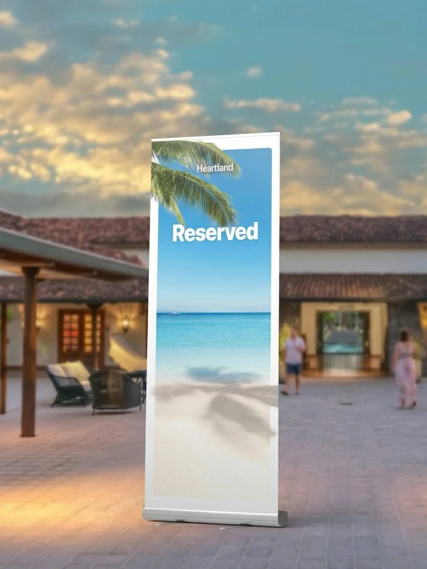 Outdoor event signage featuring a vertical “Reserved” banner with beach and palm imagery in a resort courtyard setting to showcase branded environmental design and wayfinding.