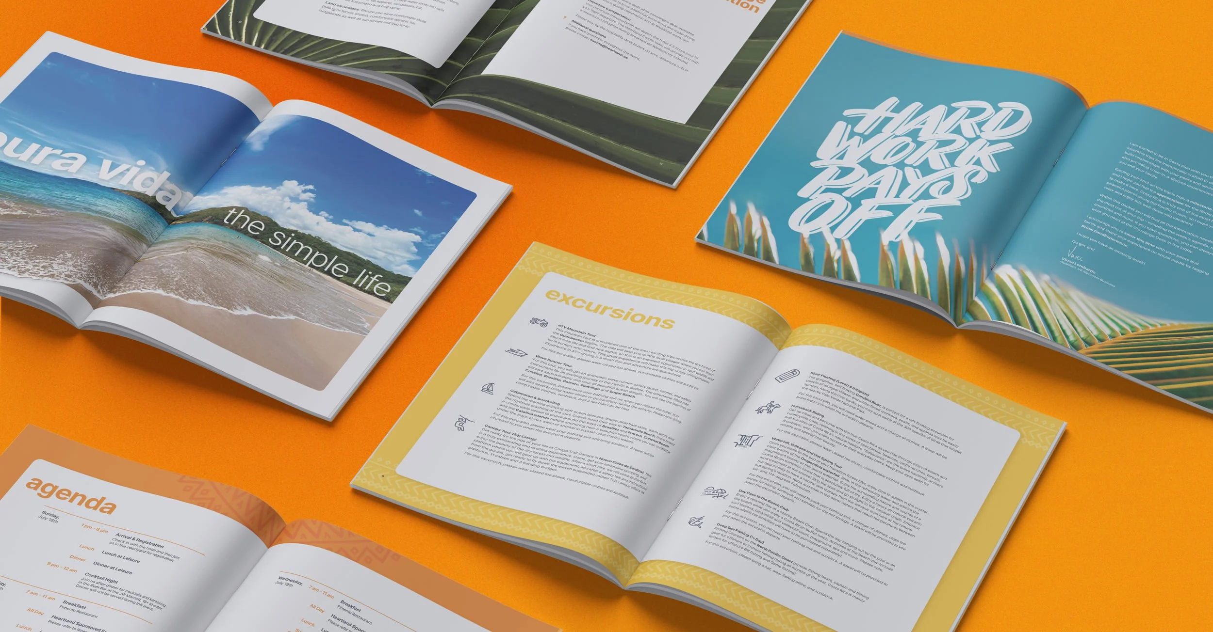 flat lay of the Costa Rica attendees magazine with several spreads in a line on display