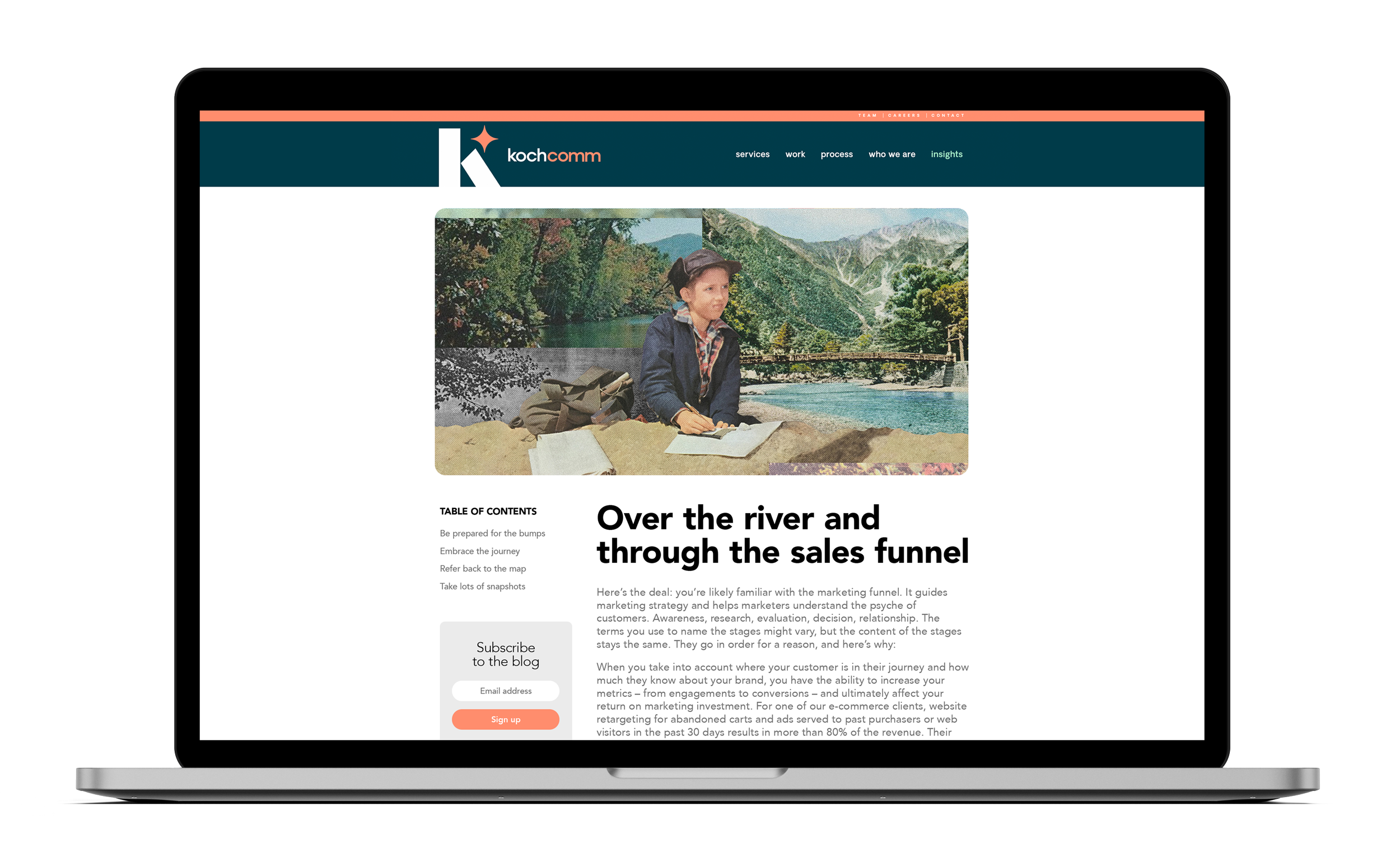 Modern website design mockup shown on a laptop screen, featuring a blog layout with bold headline typography, collage-style artwork, and a structured editorial interface for B2B content.