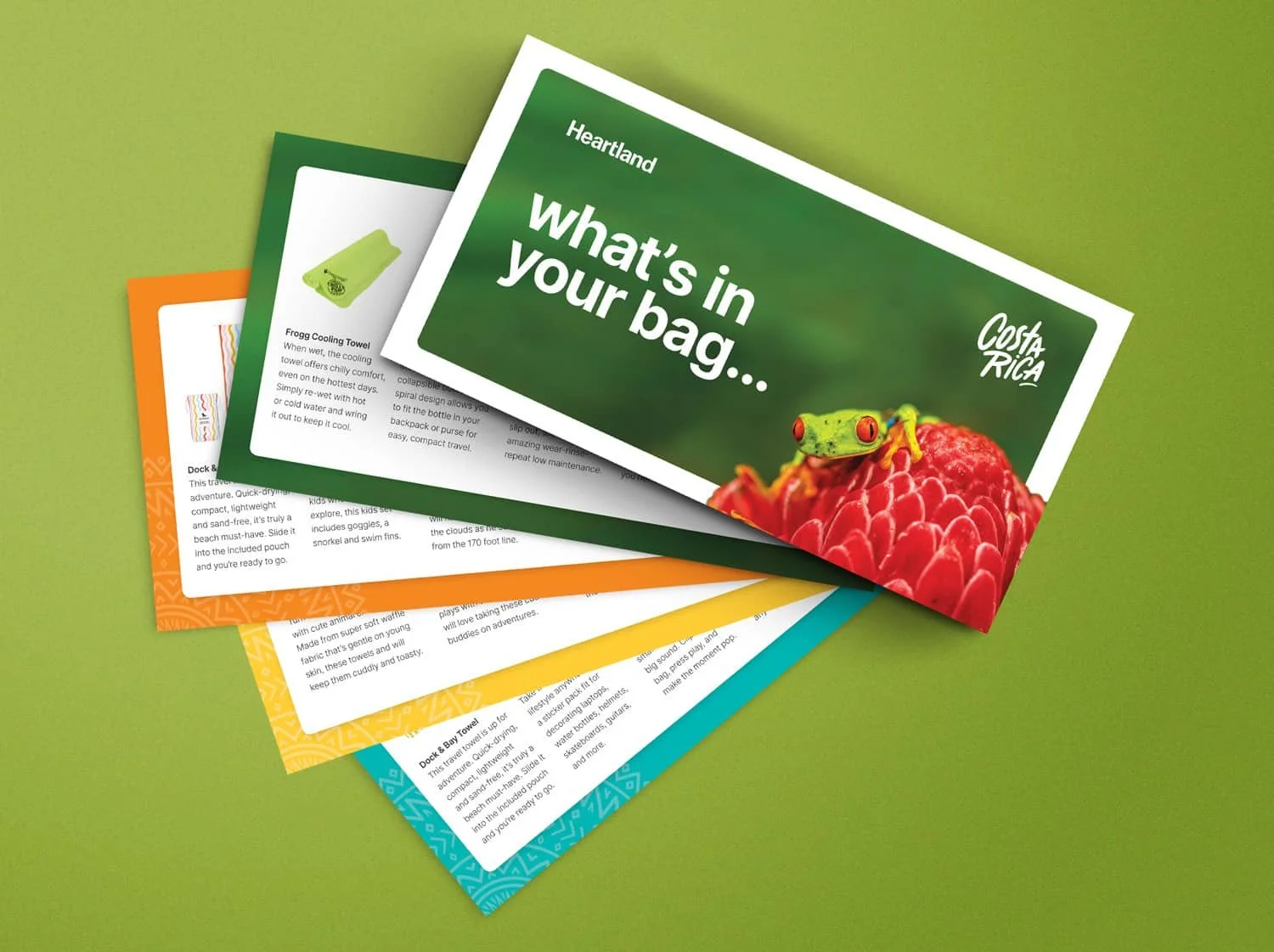 editorial print design showcasing Costa Rica-branded cards of paper fanned out over a green background.