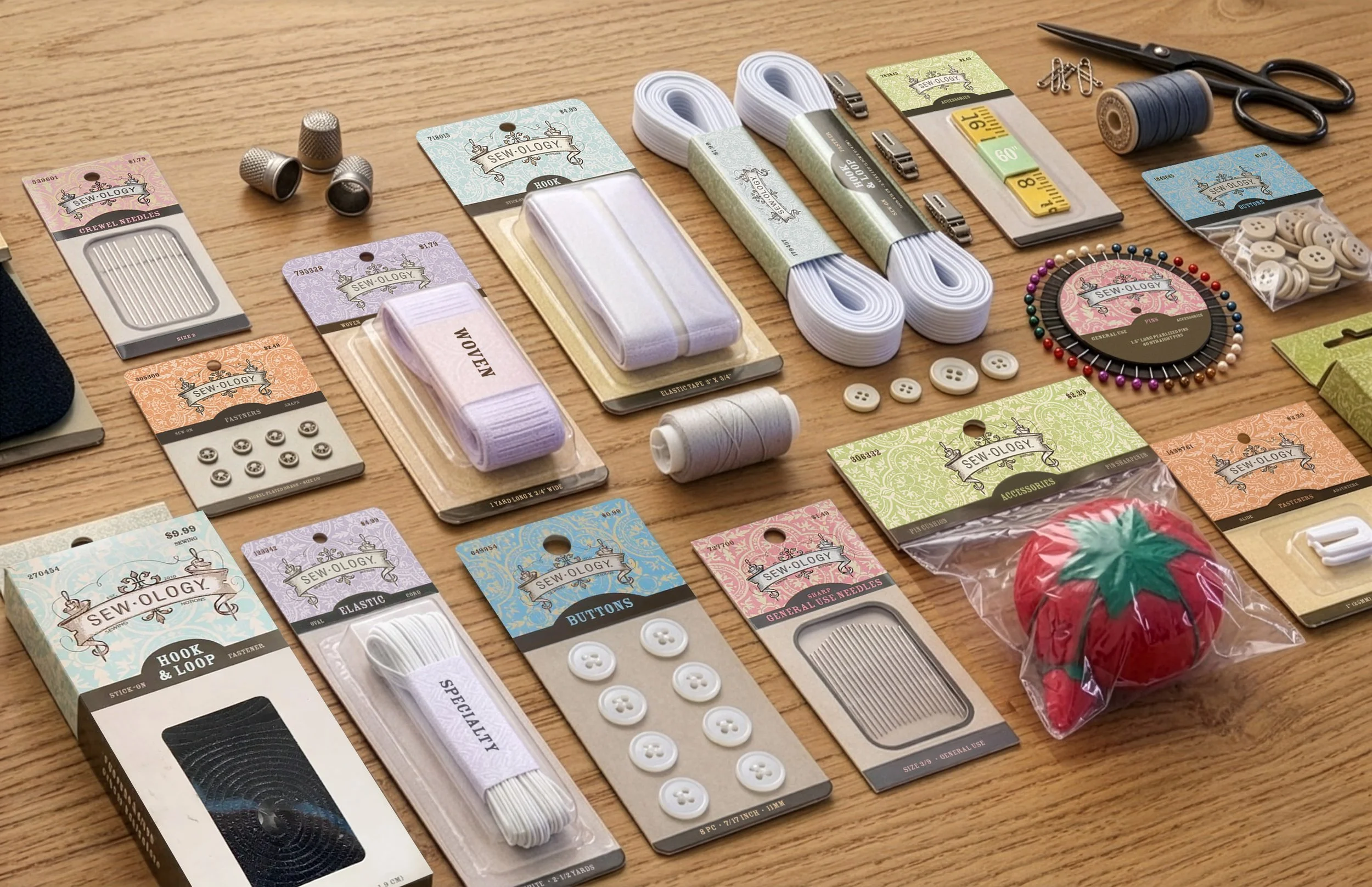 Sew-Ology sewing supplies collection featuring sewing needles, buttons, elastic bands, hook-and-loop tape, thread, safety pins, thimbles, measuring tape, scissors, and pincushion accessories.
