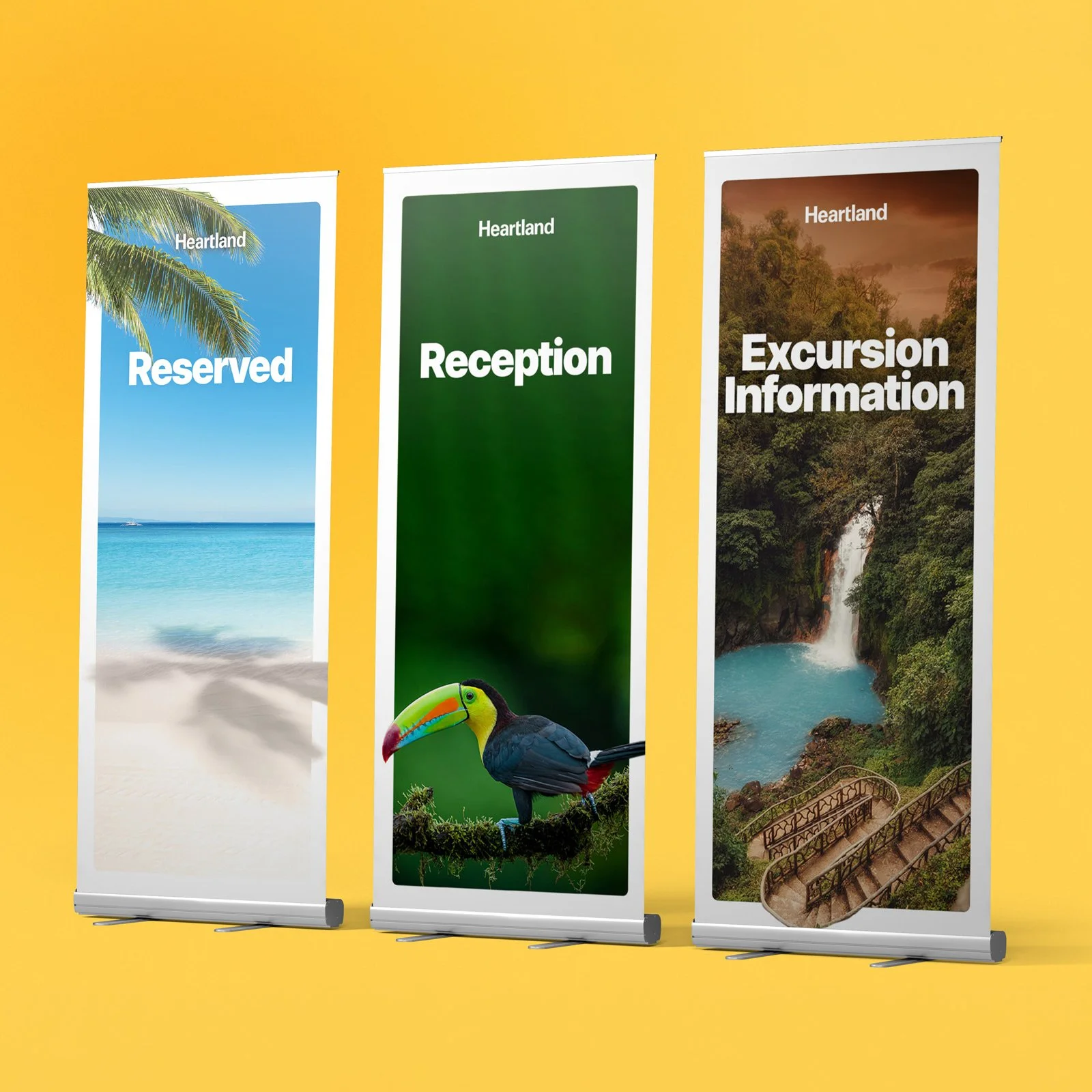 Collection of vertical event banners showcasing wayfinding signage for “Reserved,” “Reception,” and “Excursion Information,” designed with beach, wildlife, and waterfall imagery to support a cohesive Costa Rica–themed branded environment.