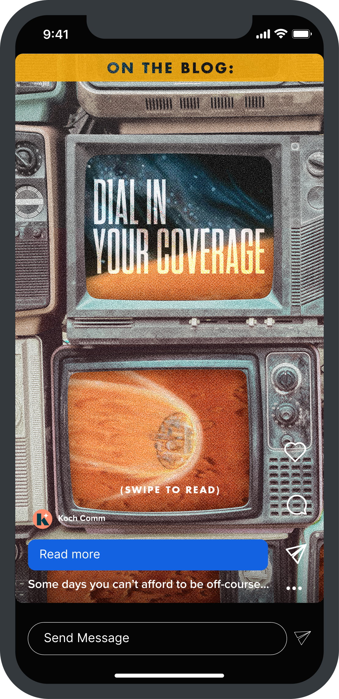 Instagram story showcasing a retro collage of stacked televisions displaying surreal space visuals, paired with bold headline "Dial in your coverage"