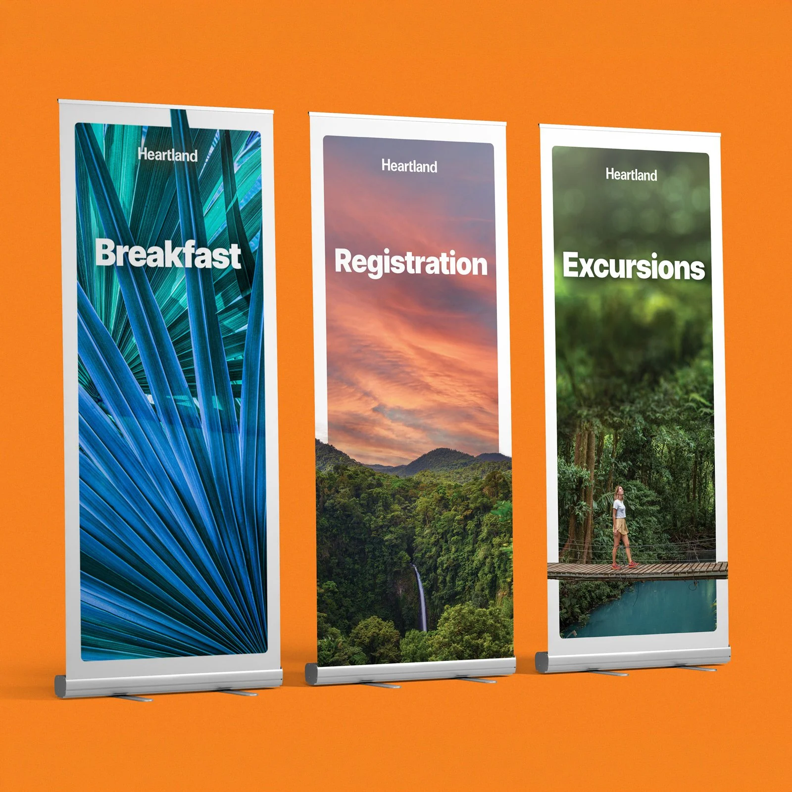 Vertical event banners showcasing wayfinding signage for Costa Rica trip. “Breakfast,” “Registration,” and “Excursions,” designed with tropical foliage, scenic landscape photography, and immersive nature imagery.