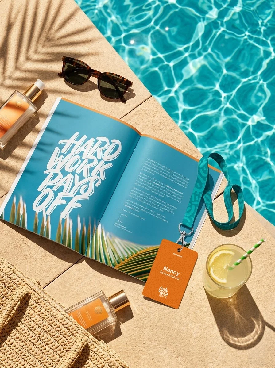 Poolside lifestyle flat lay showcasing an open branded booklet with bold "hard work pays off" headline, surrounded by sunglasses, a lanyard badge, citrus drink, and summer accessories, set against sunlit tile and water reflections.