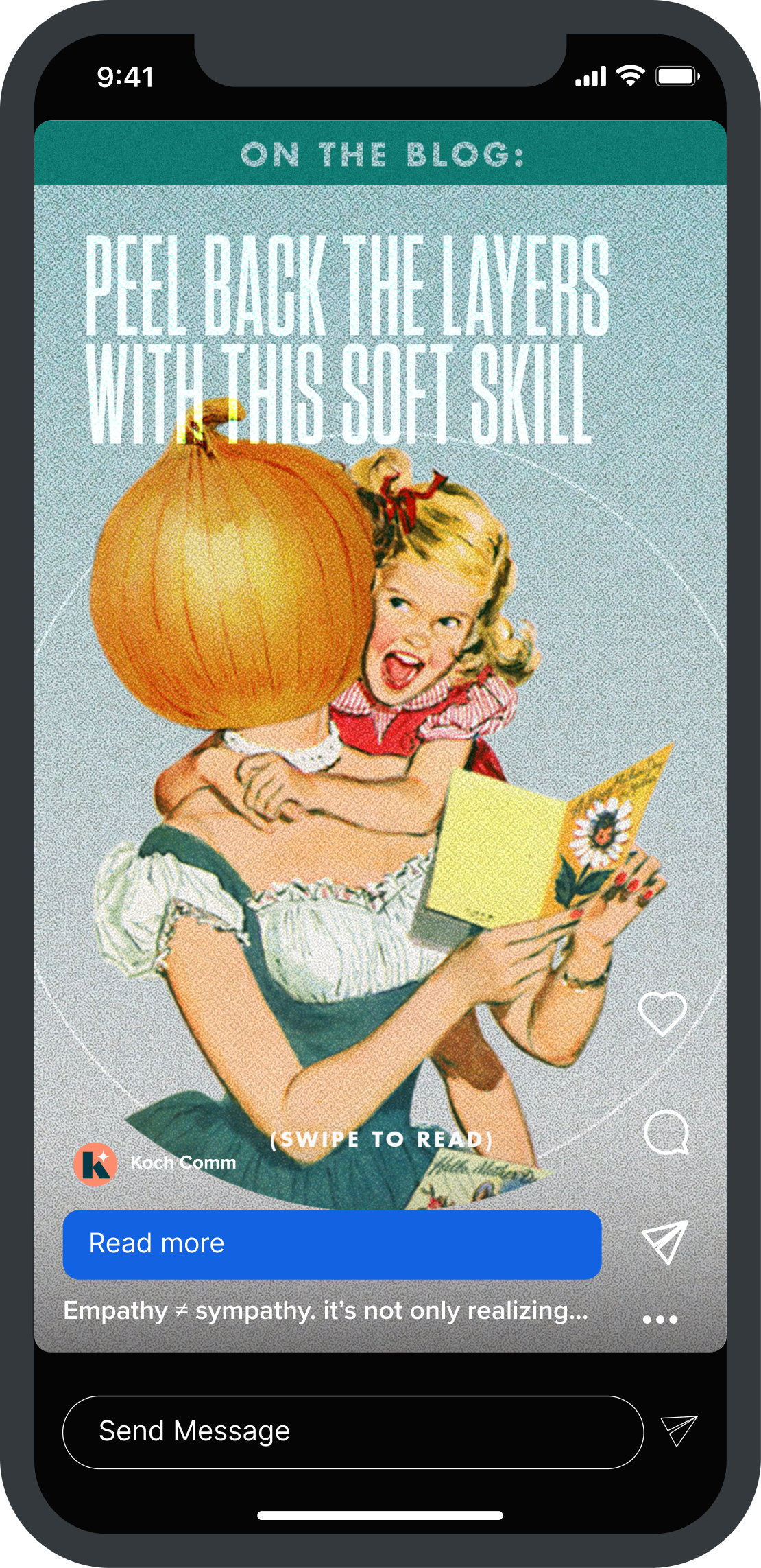 Instagram-style story design showcasing a surreal vintage collage of a child hugging a seated woman with an onion for a head, paired with text that says "Peel back the layers with this skill",  and a “swipe to read” call to action.