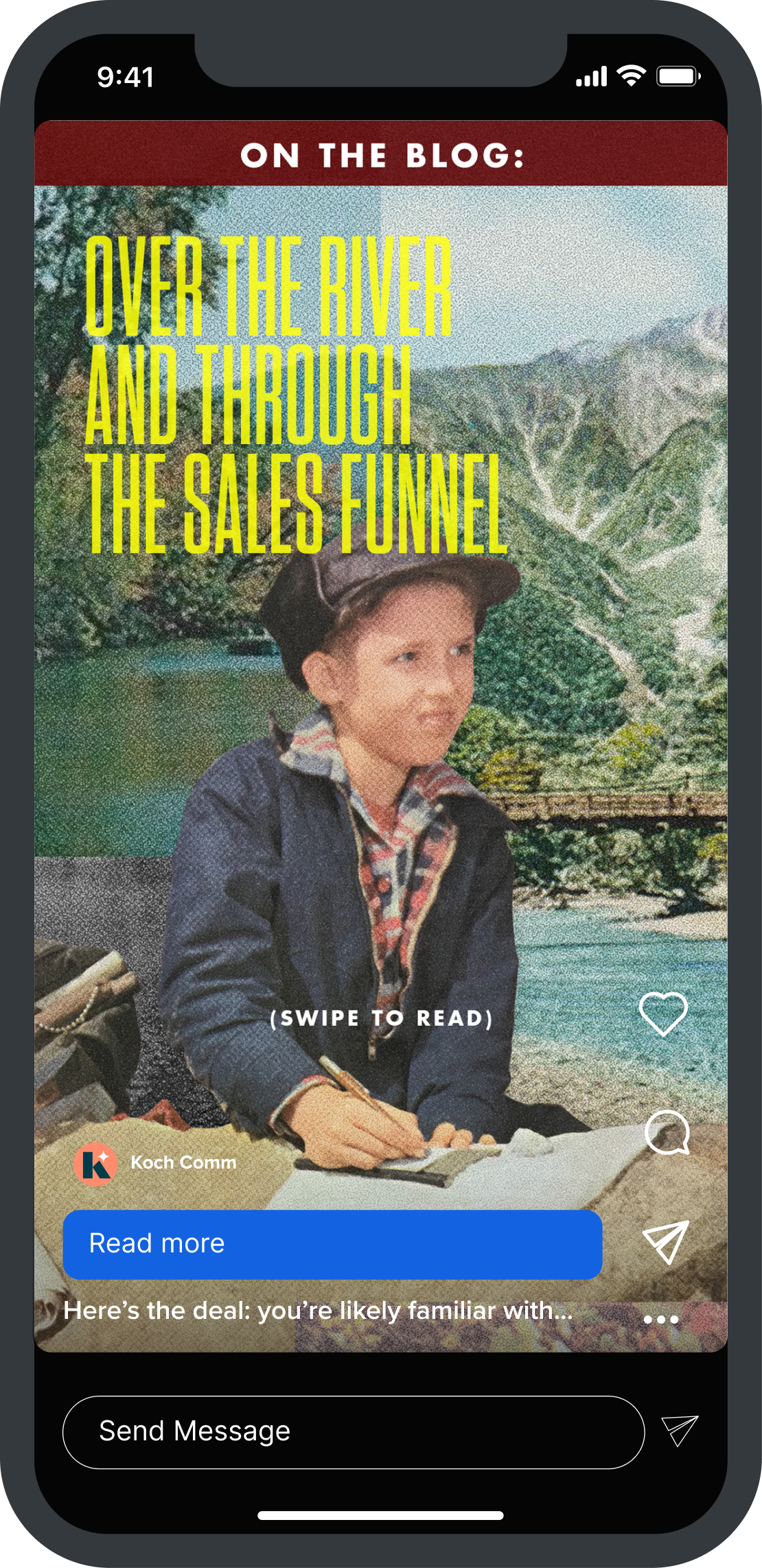 Instagram story showcasing a vintage collage featuring a child sketching in a notebook with a backpack, layered over scenic mountain, river, and forest imagery with a grainy retro texture and warm light flare.