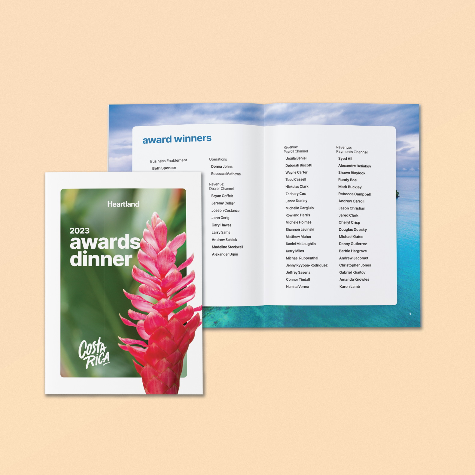 Editorial print design showcasing a Costa Rica–themed awards booklet with a “2023 awards dinner” cover and an interior spread listing award winners, styled with tropical imagery and a clean, modern layout.
