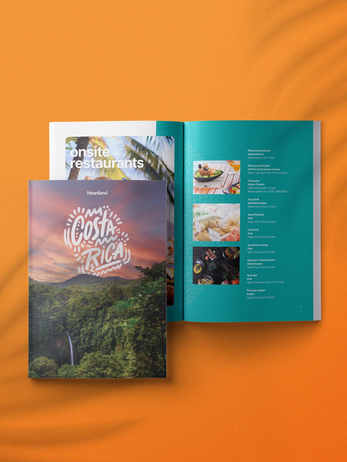 Editorial print design featuring a Costa Rica–branded booklet, styled on a vibrant orange background, showcasing lush landscape cover art and an interior spread highlighting onsite restaurants and curated content.