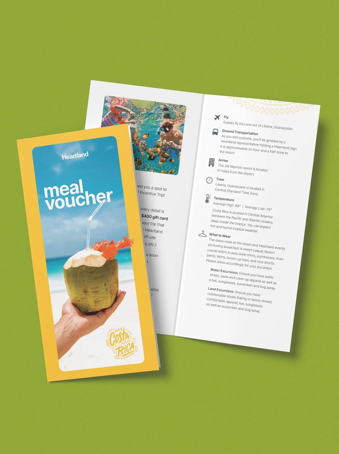 Branded print materials- a Costa Rica meal voucher folded pamphlet on a green background.
