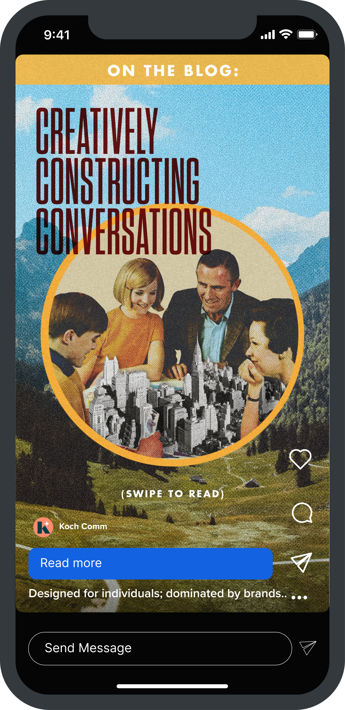 Instagram-style story design showcasing a surreal vintage collage of people gathered around a miniature cityscape, set against a scenic landscape with bold headline typography and interactive UI elements promoting blog content.