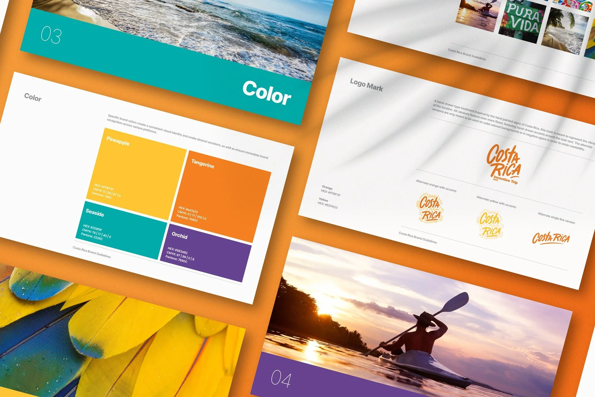 Studio shot of a style guide for the Costa Rica branding, including color swatches, imagery examples, and logo usage guidelines.