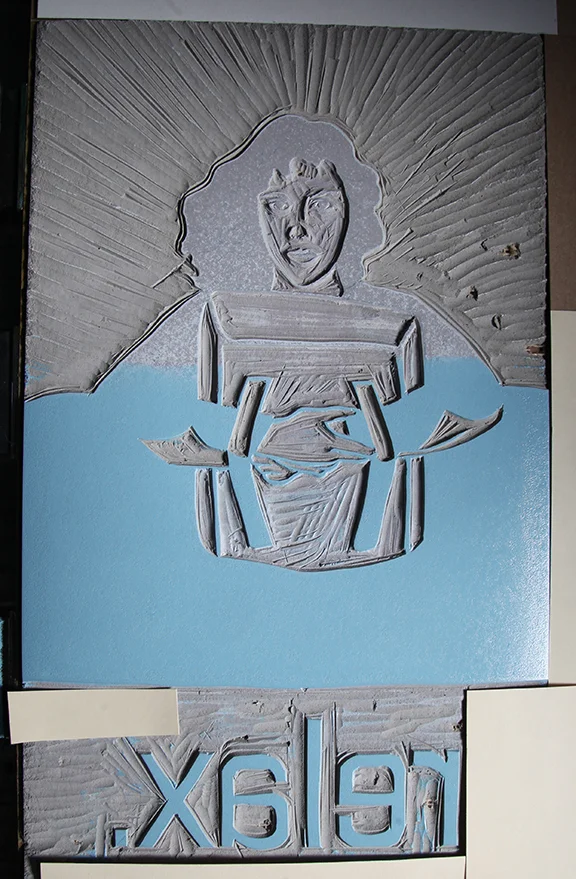 Phase 3 cut and ink of all that will remain printed in medium blue. what remains un-inked will next be printed over with black so i chose to leave it un-inked in this phase. 