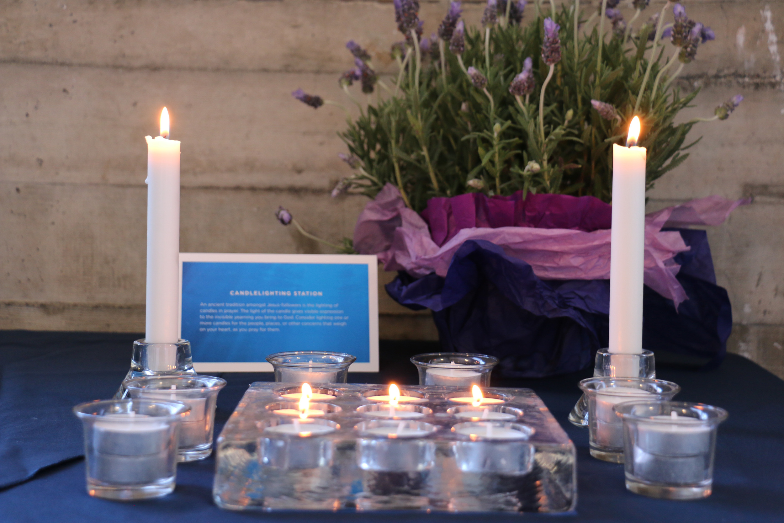 The candle lighting station, where folks are welcome to light candles as they pray for their concerns.