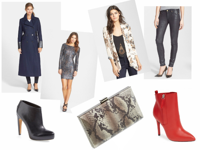 Coat $388 || Dress $188 || Black Booties $149.95 || Blazer $64 || Black Jeans $198 || Red Booties $295 || Clutch $98
