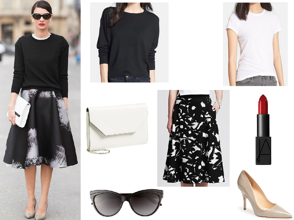 Sweater Trouve $49.90 // Skirt Banana Republic $120 // White Tee Vince $45 // Clutch Halogen $78 // Sunglasses Dior $295 // Shoes Kate Spade $298 // Lipstick Nars Rita $32