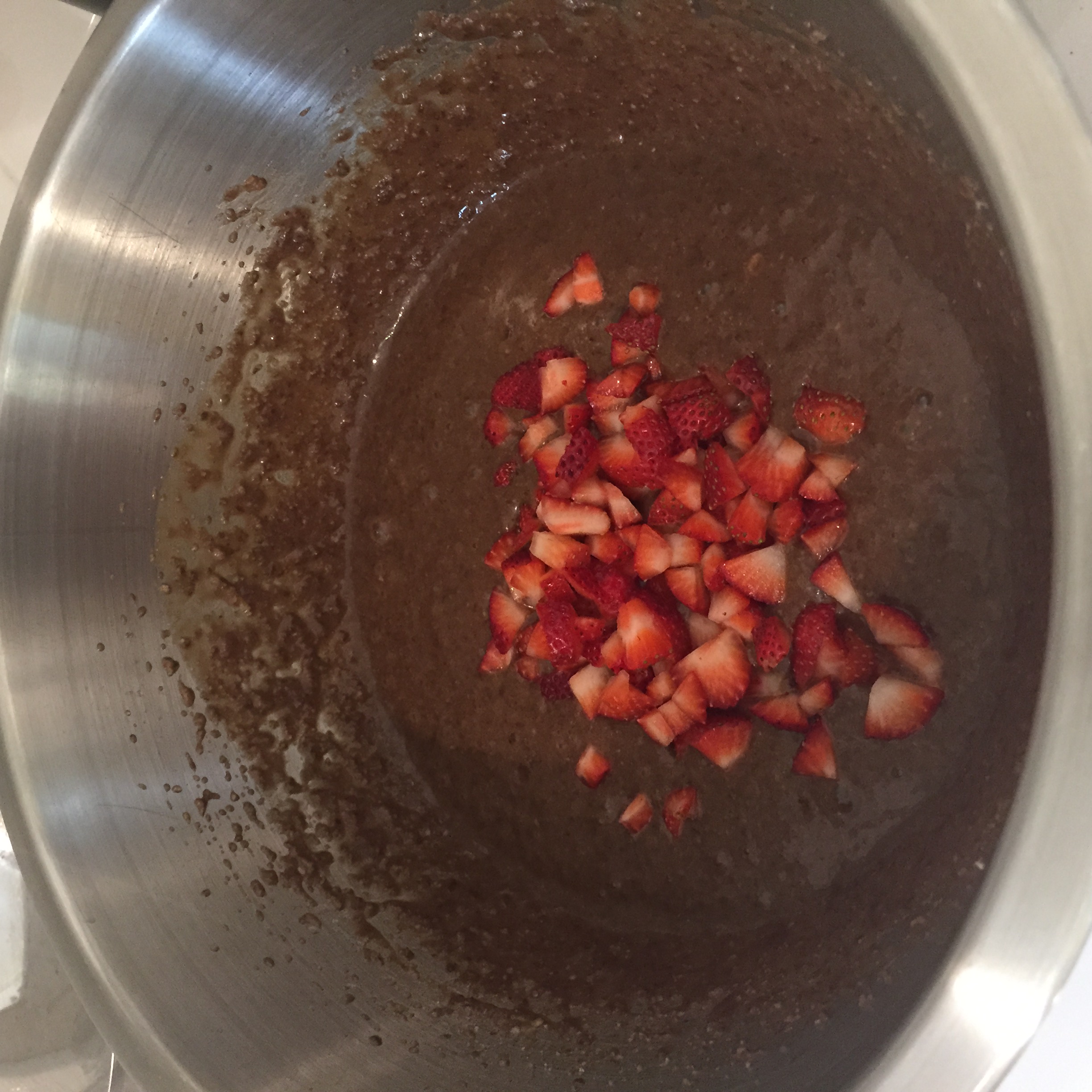 It's important to stir in the strawberries carefully at the end. 