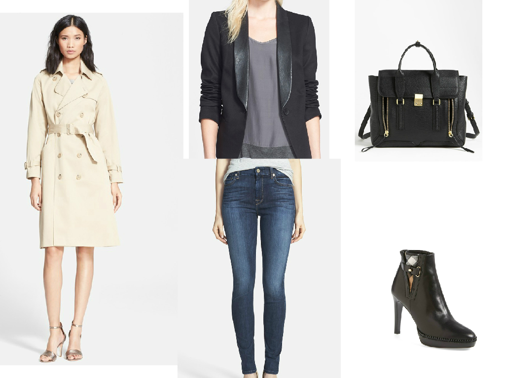  Trench Coat $660 // Blazer $273 // Jeans $198 // Handbag $975 // Booties $795 