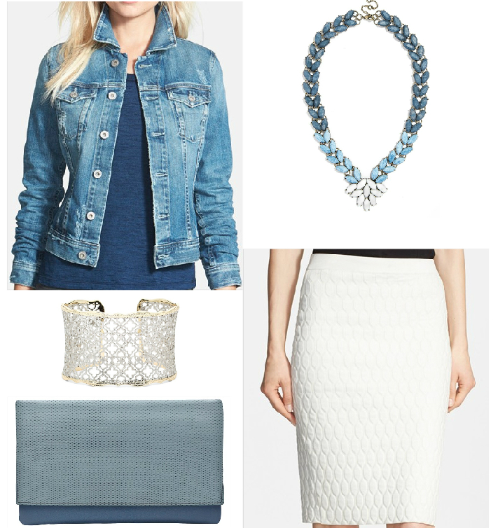 Jacket $255 // Necklace $58 // Bracelet $75 // Clutch $135 // Skirt $335