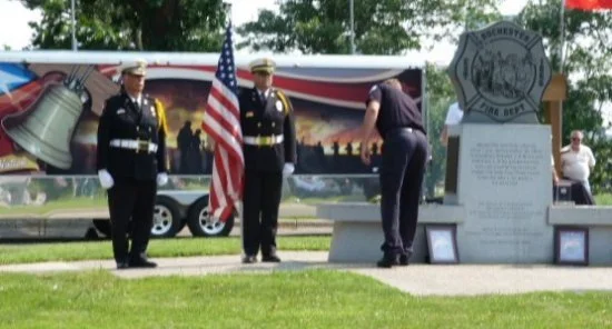  Nineteen members of SE Minnesota Fire Fighters laid roses at the base of the Rochester Fire Dept Memorial in tribute to the a&nbsp; Hot Shots. 