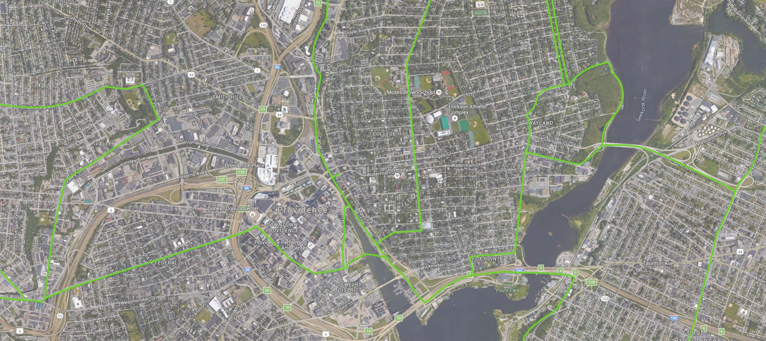 Protected bike lanes (green) running through Providence would have the potential to transform the city, connecting the East Bay Bike Path, the Woonasquatucket River Greenway, and the Blackstone River Bikeway across college hill.