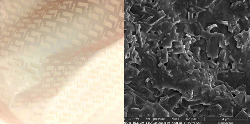  Laser-etched bioplastic sheet (left) and one of several images captured under the ESM at Brown University (right) 