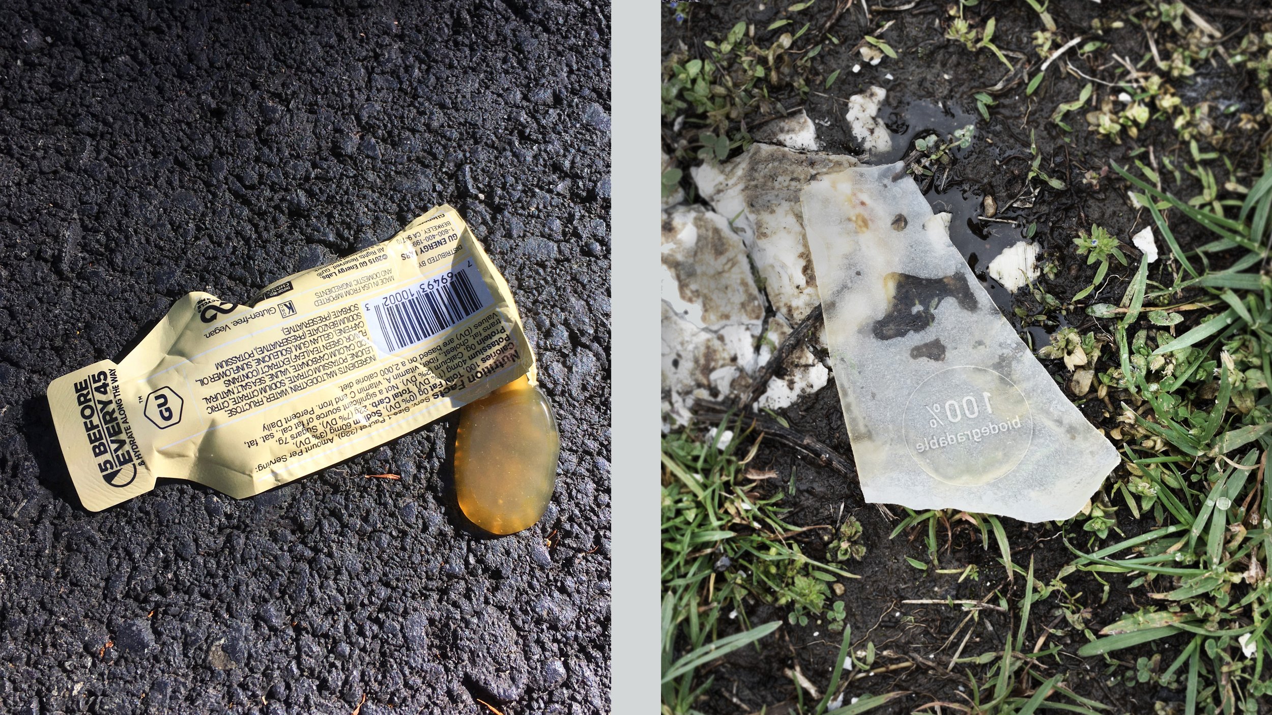  A GU Energy Gel (Left) seen on the side of the road during the Sagan Gran Fondo in Windsor, California in November, 2019.  A used Gone package (right), when littered, will quickly biodegrade in a matter of days.  