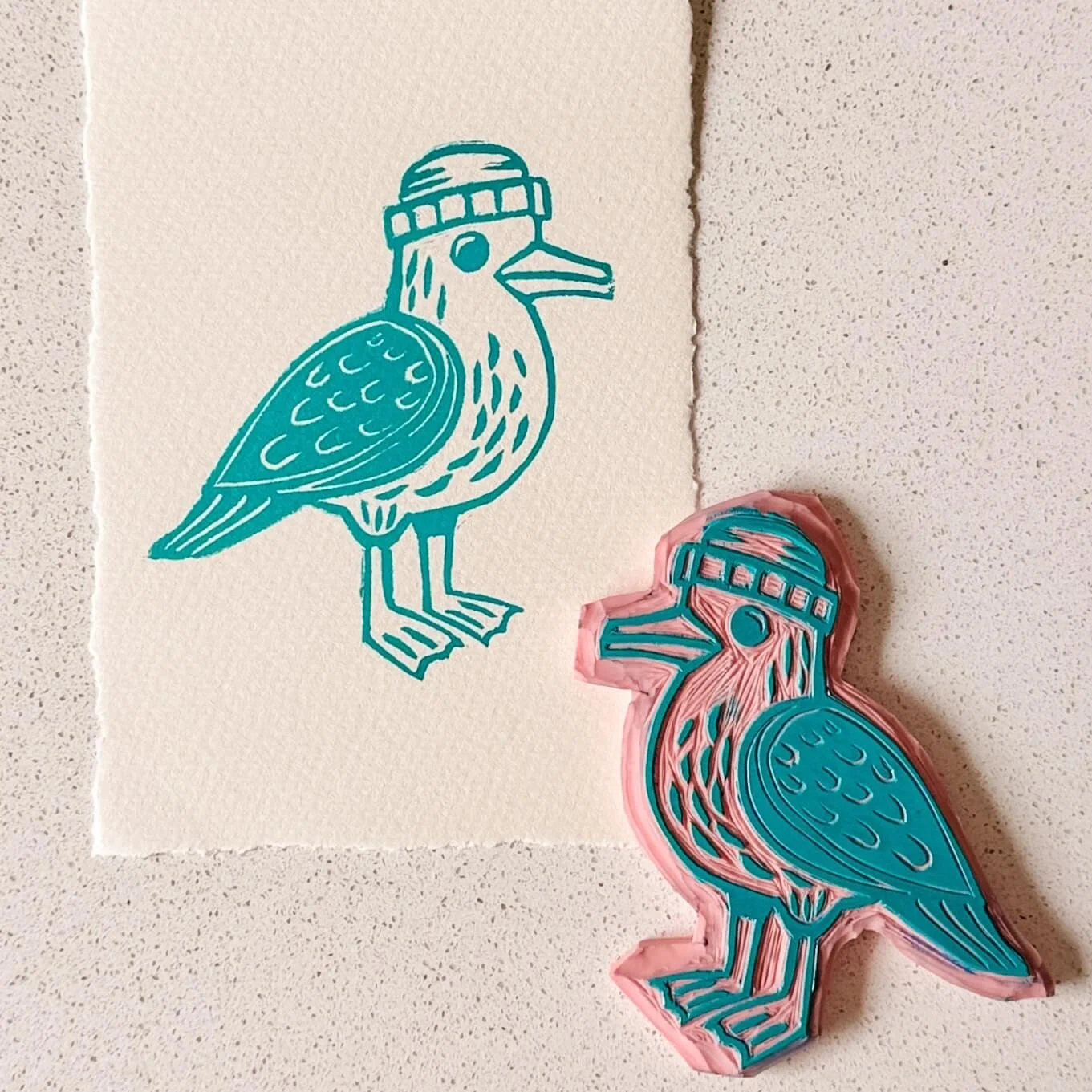 Eugene the seagull hand carved art print with block