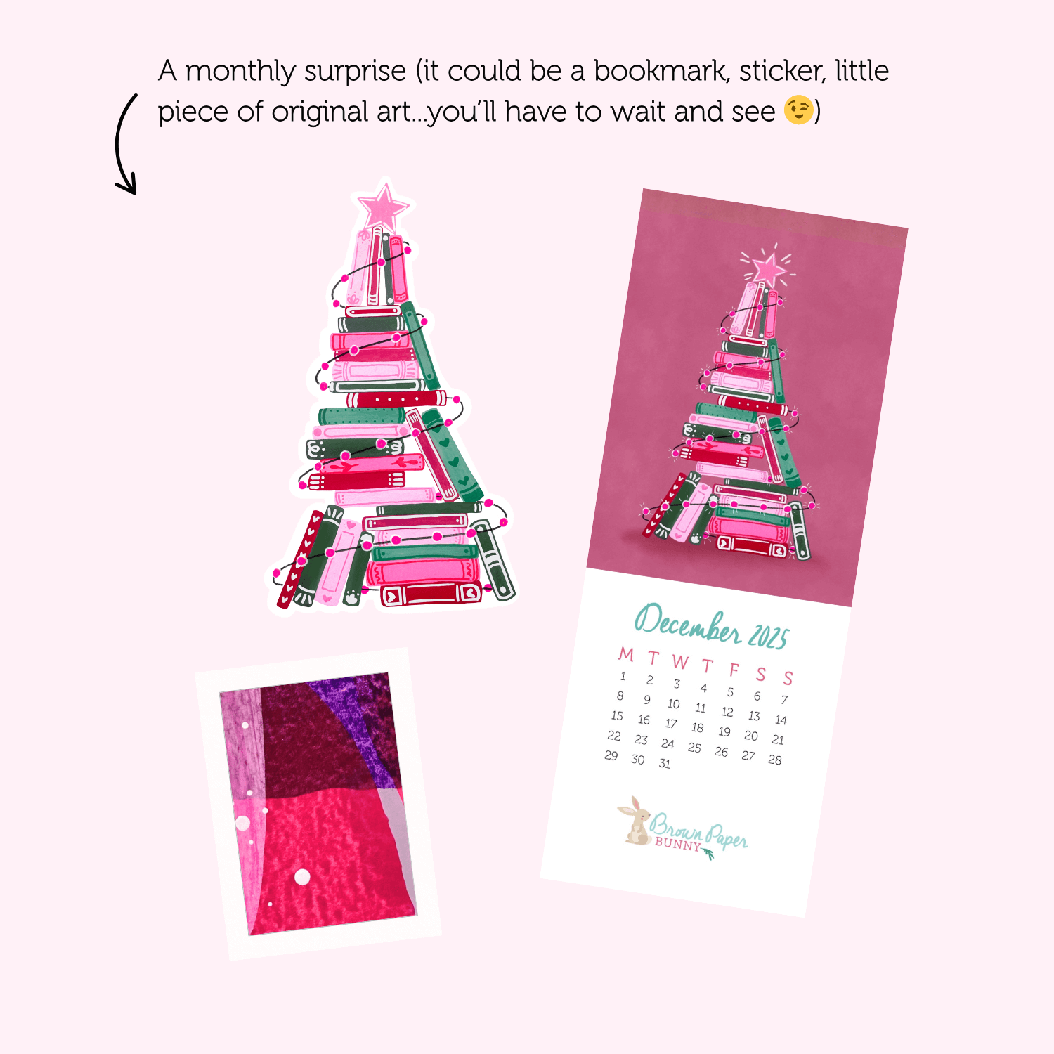 An example of the surprise that comes with Hoppy Mail Art Print Club by BrownPaperBunny showing a sticker, bookmark, or original art