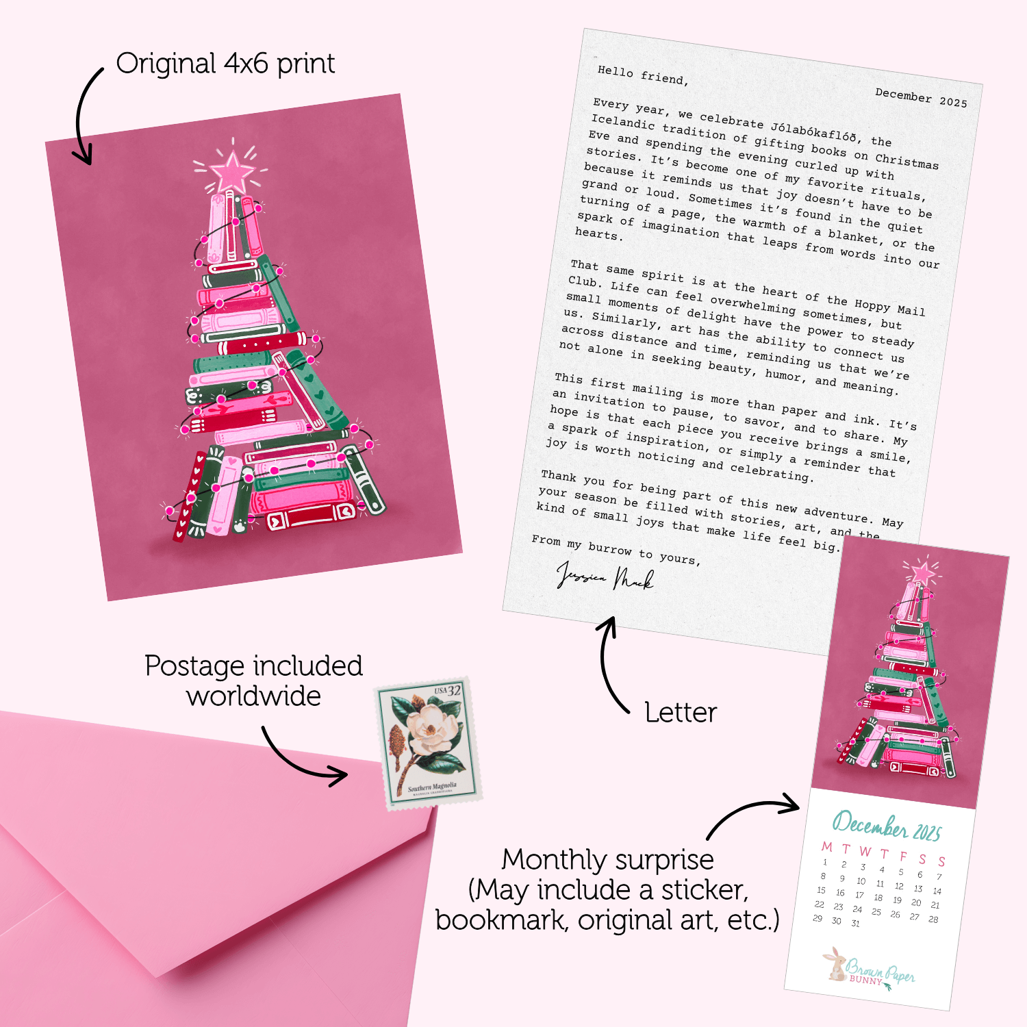 Example inclusions of the Hoppy Mail Art Print Club by BrownPaperBunny showing a letter, art print, bookmark, and envelope with postage