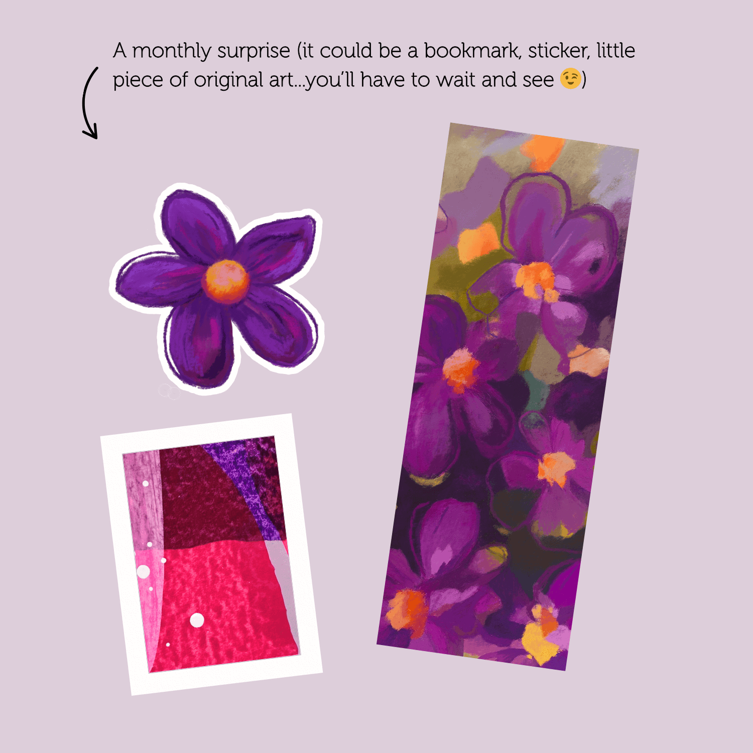 Hoppy Mail Club extra surprise sticker, bookmark, or original art