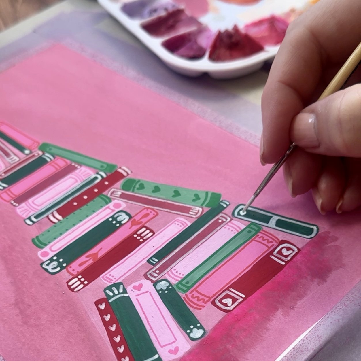 December Hoppy Mail bookmark original painting of a book tree in gouache