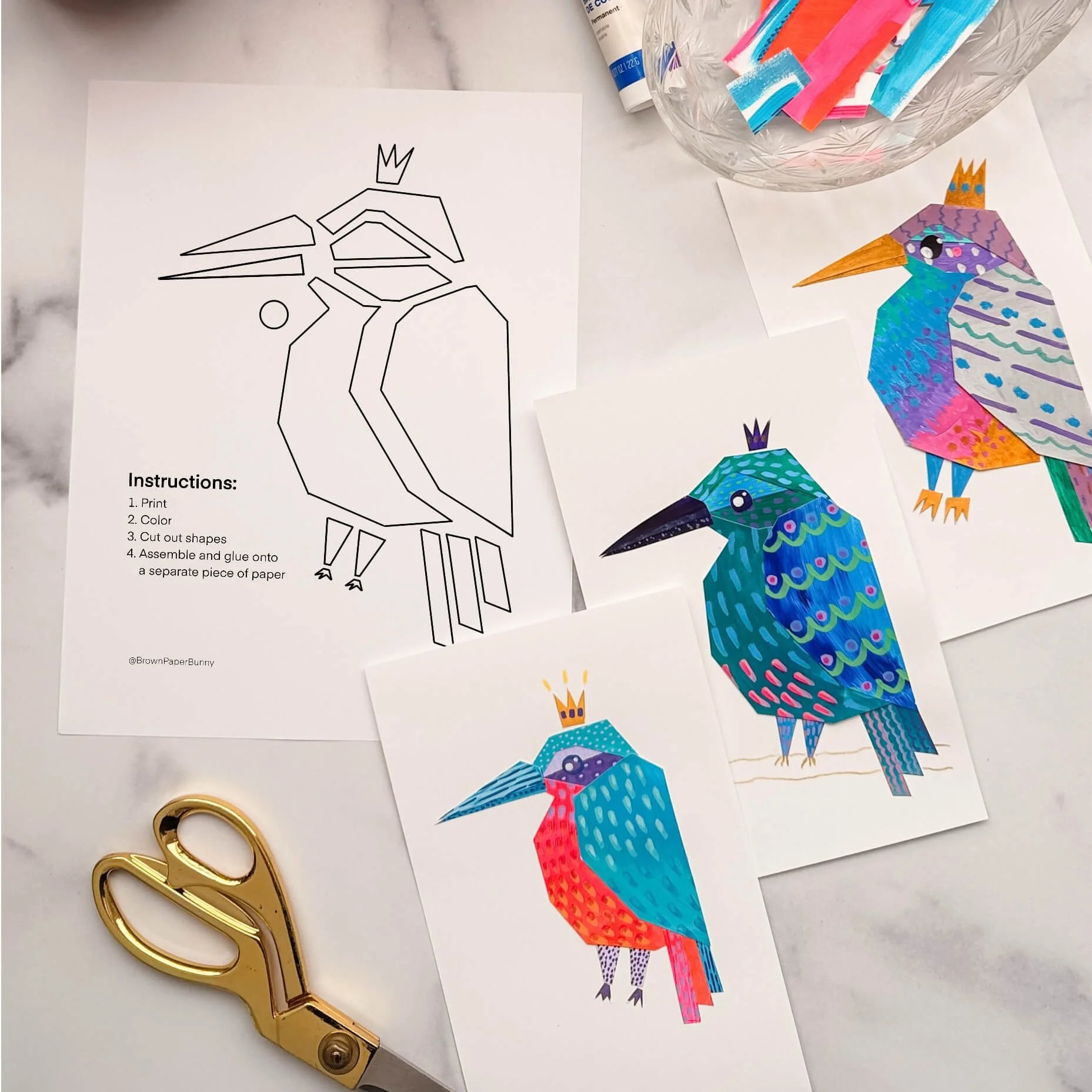 Free, downloadable kids craft template of a Kingfisher bird, by BrownPaperBunny