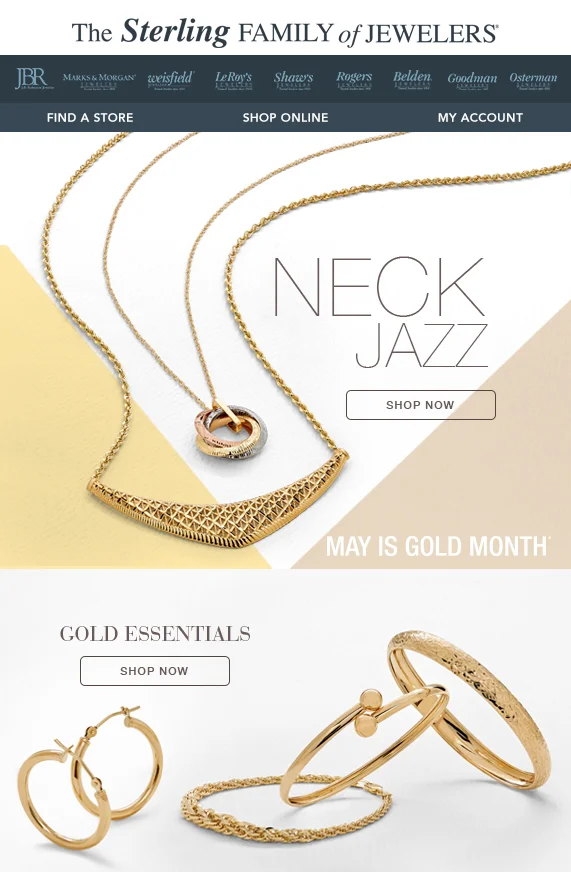 Advertisement for jewelry featuring gold necklaces, rings, and bracelets with text highlighting 'Neck Jazz' and 'May is Gold Month' from Sterling Family of Jewelers.