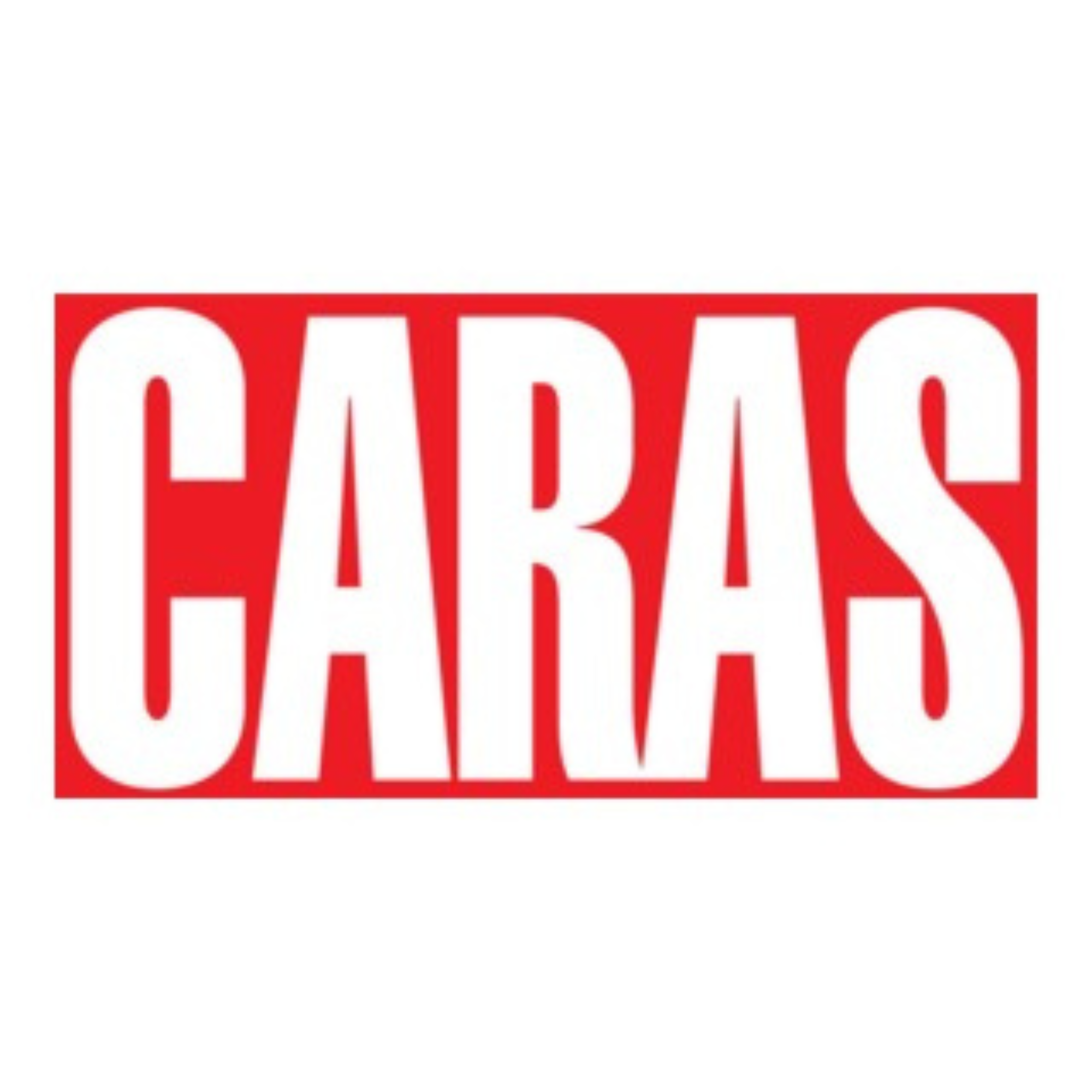 Bold white text spelling 'CARAS' on a red background.