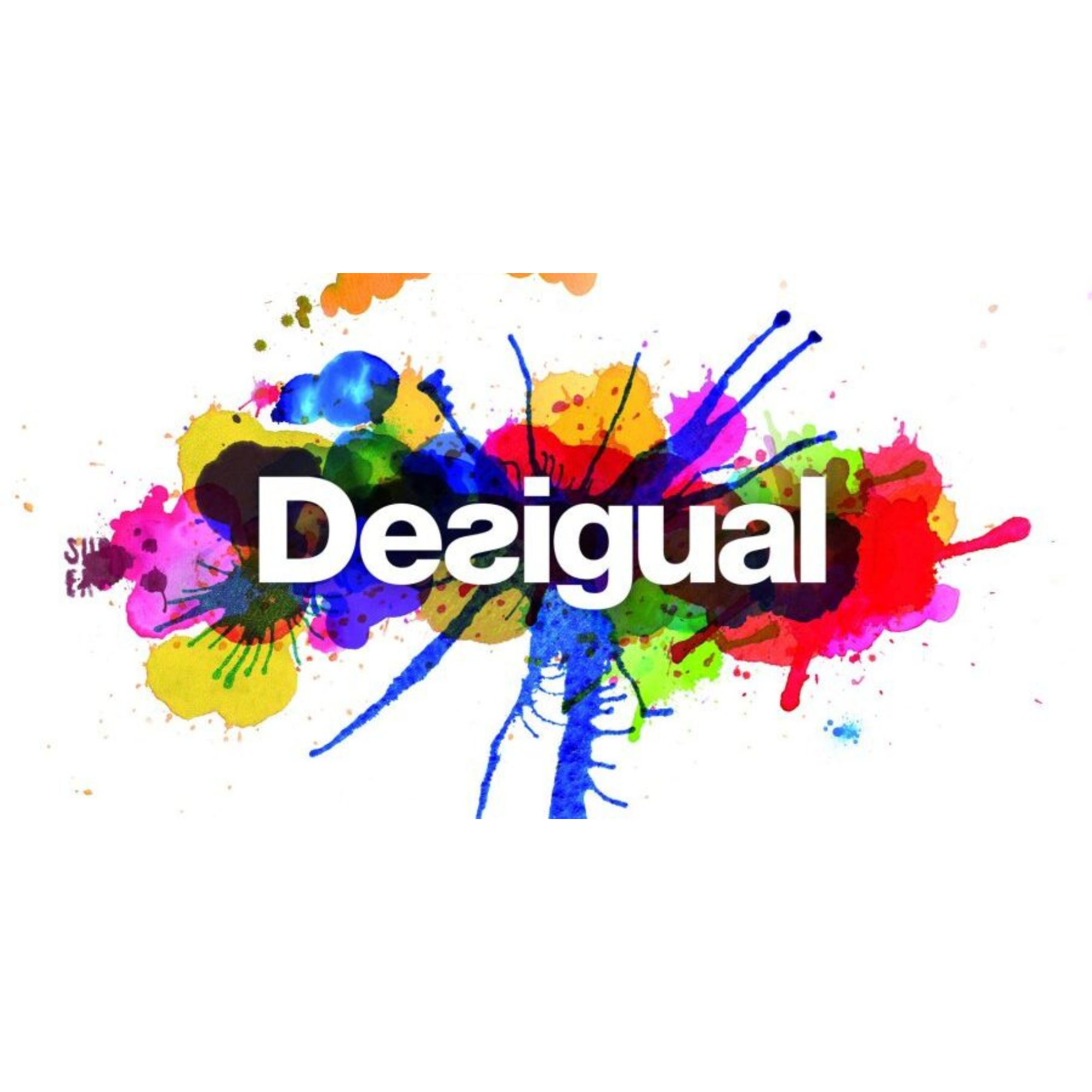 Colorful paint splashes with the word "Desigual" in white bold text across the center.