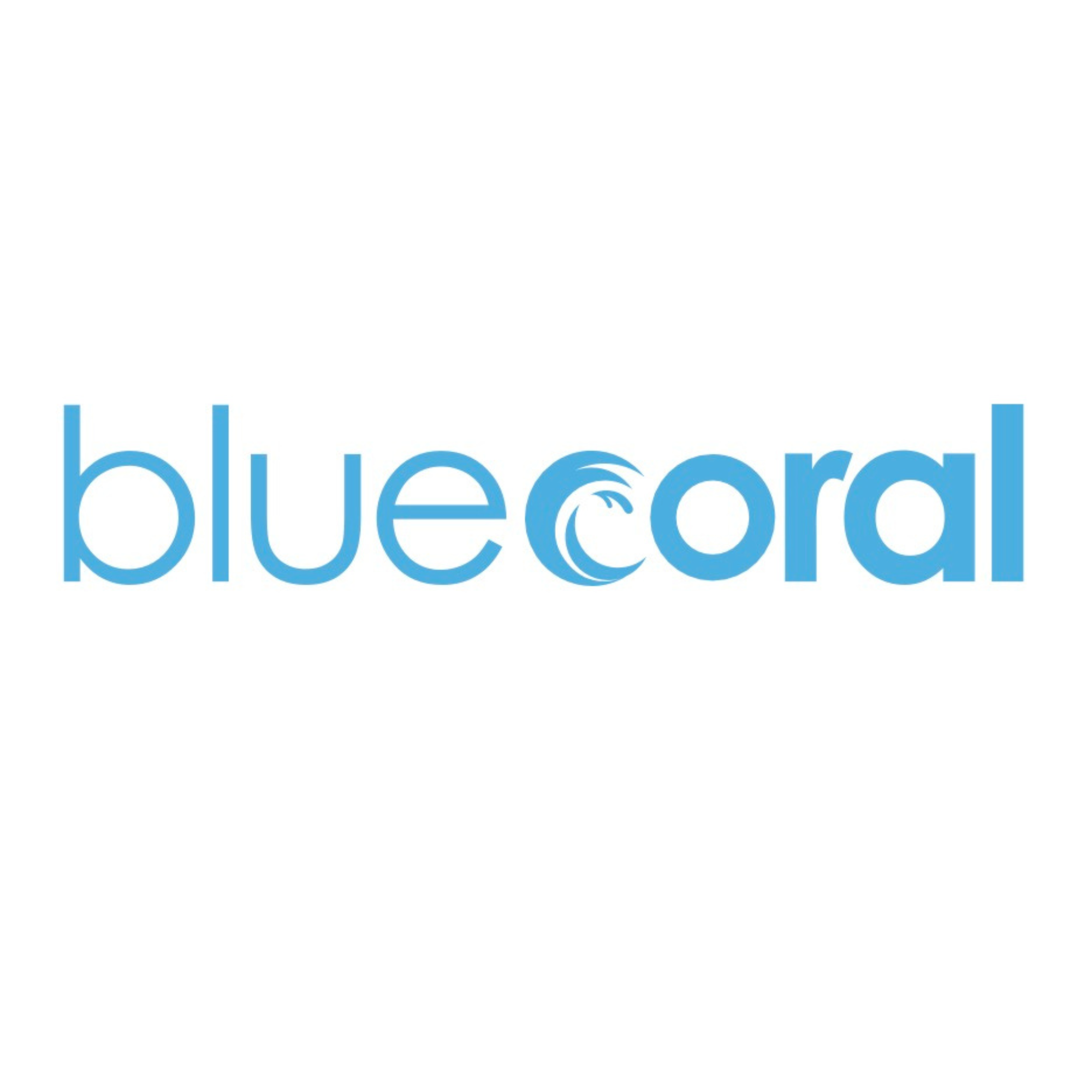 Blue Coral logo with the word 'blue' in lowercase blue letters and 'coral' in lowercase blue letters, with stylized blue waves incorporated into the letter 'c' in 'coral'