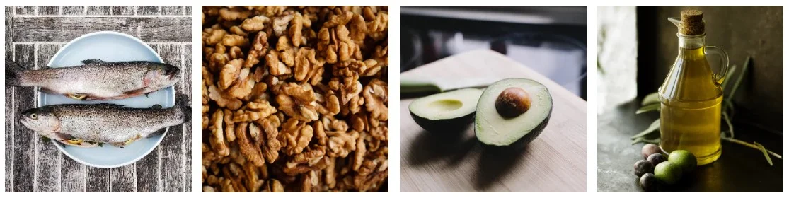 Photos by Gregor Moser , Tom Hermans , Kelly Sikkema , and Roberta Sorge Monounsaturated and polyunsaturated fats: Fish, walnuts, avocado, flaxseeds, vegetable oils (corn, safflower, soybean, sunflower, olive)