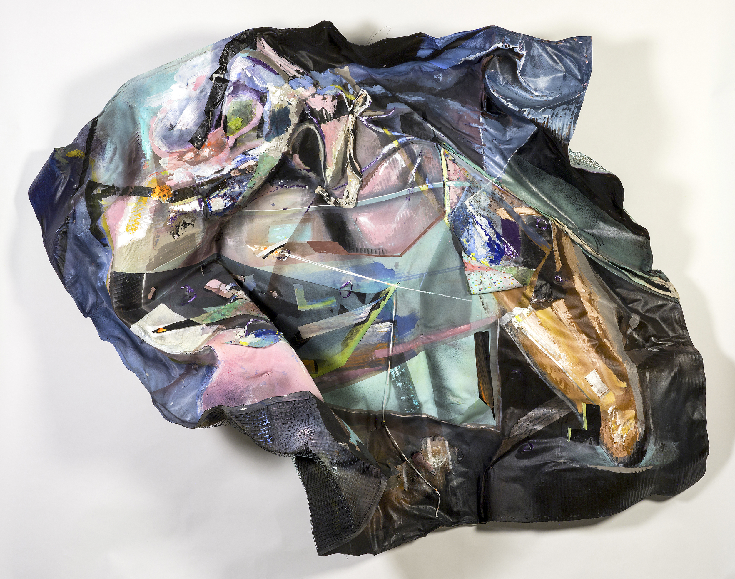 “Through The Windshield” Acrylic, muslin, wire mesh, fabric, license plate, masking tape. 84”/72”/18” 2015
