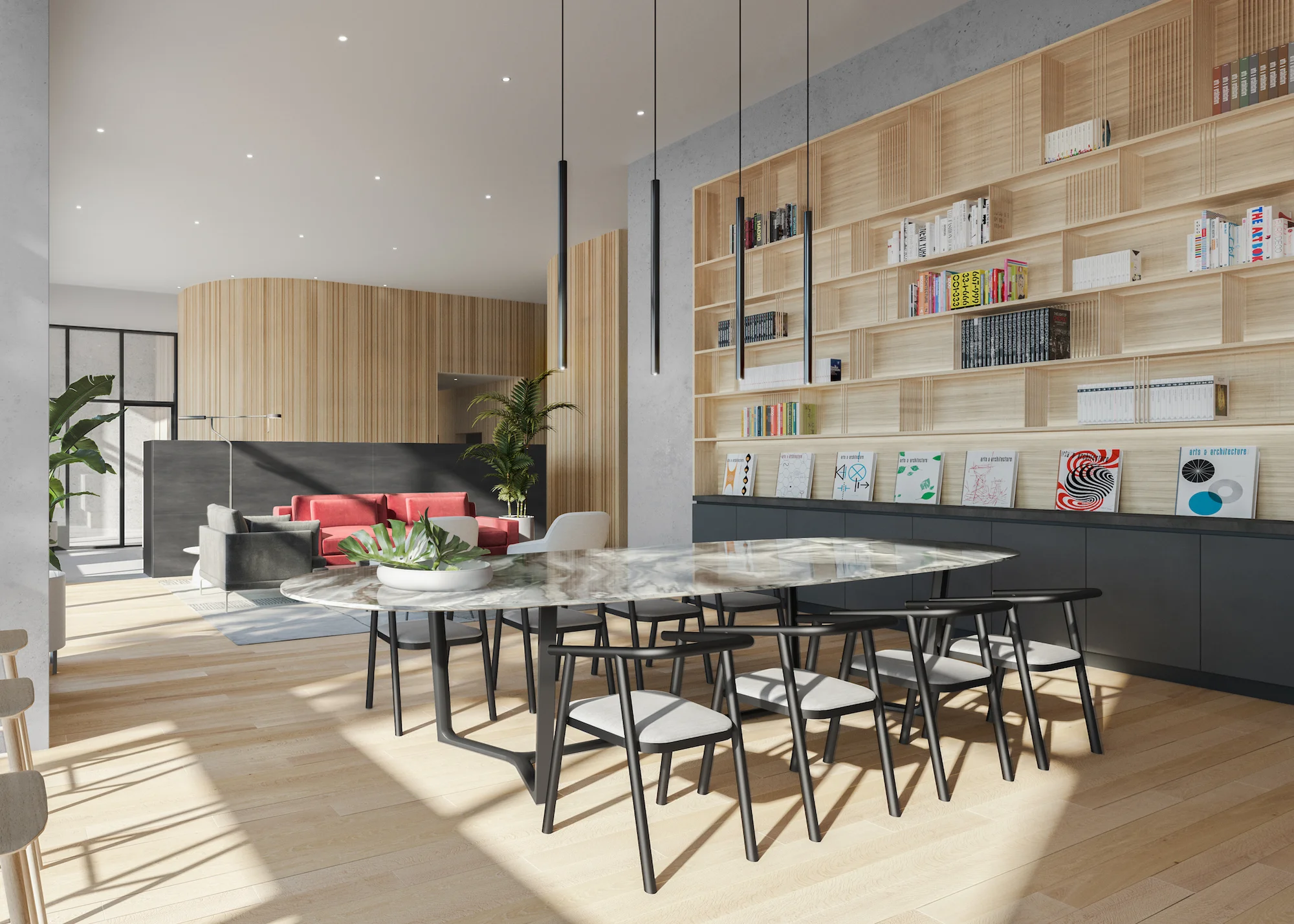 Junction House's amenities include an open lobby that functions as a co-working space.