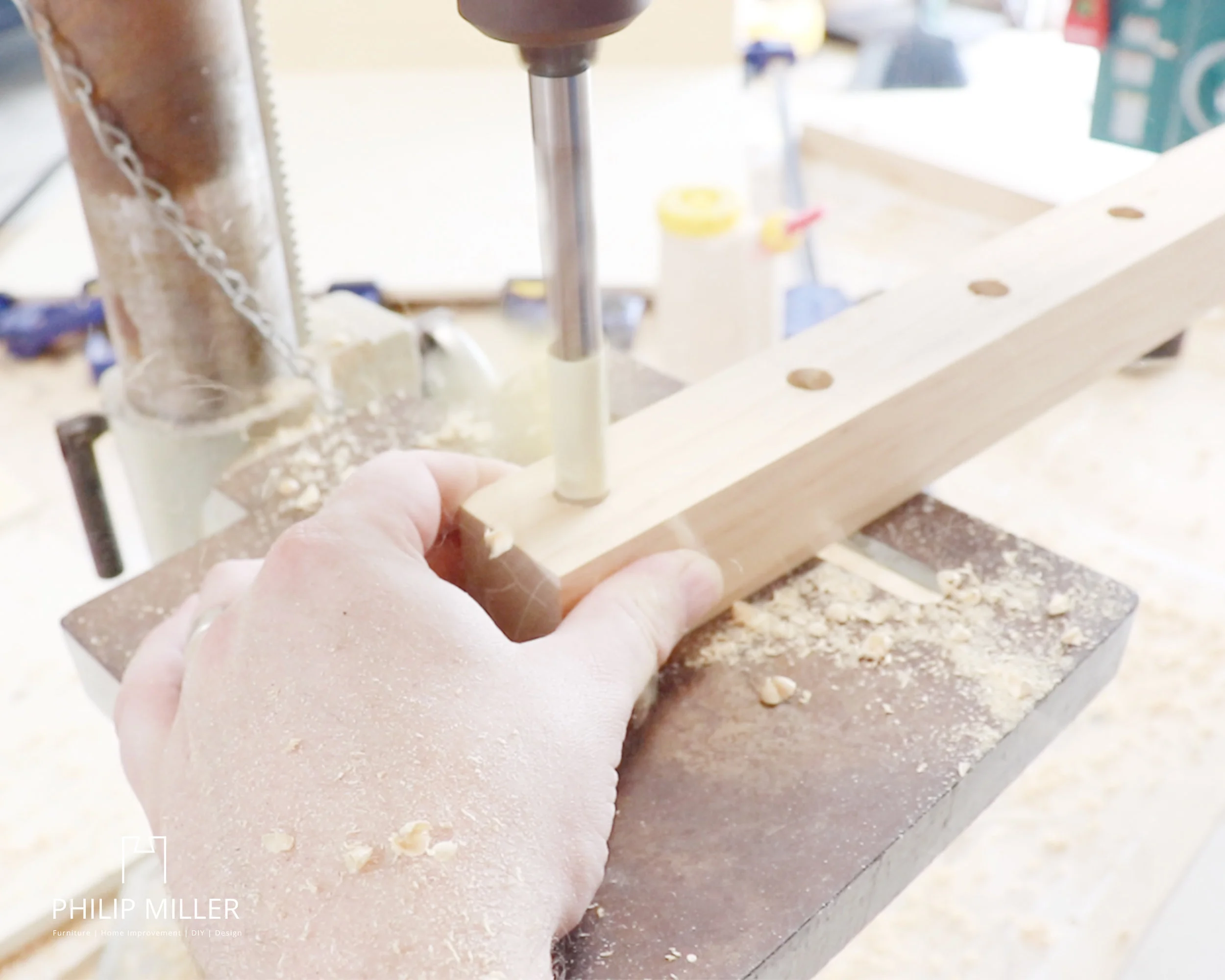 drilling holes with a drill press for the ring toss dowels
