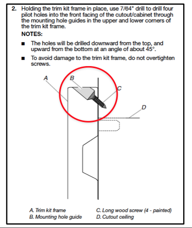 Notice How One Manufacturer Requires Use of Screws at a 45 Degree Angle (much chance of splitting face frame.) (EuroTrim Uses NO Angled Screws and NO Screws are Installed Through the Face of the Cabinet).