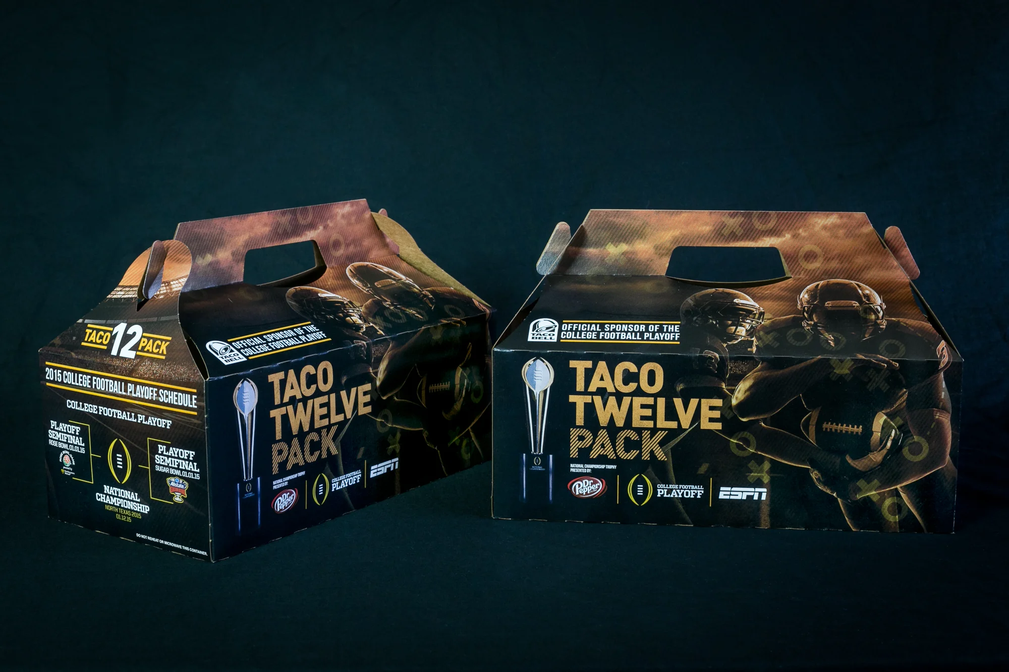 Packaging design for Taco Bell's Taco Twelve Pack. This box was being sold during the College Football Playoffs.